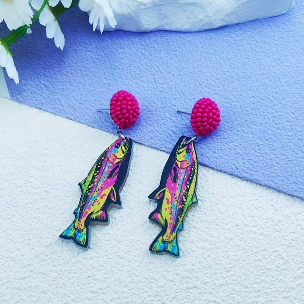 Rainbow Trout Fish Drop Earrings Pink Beaded Stud Dangle Neon Fishing Jewelry